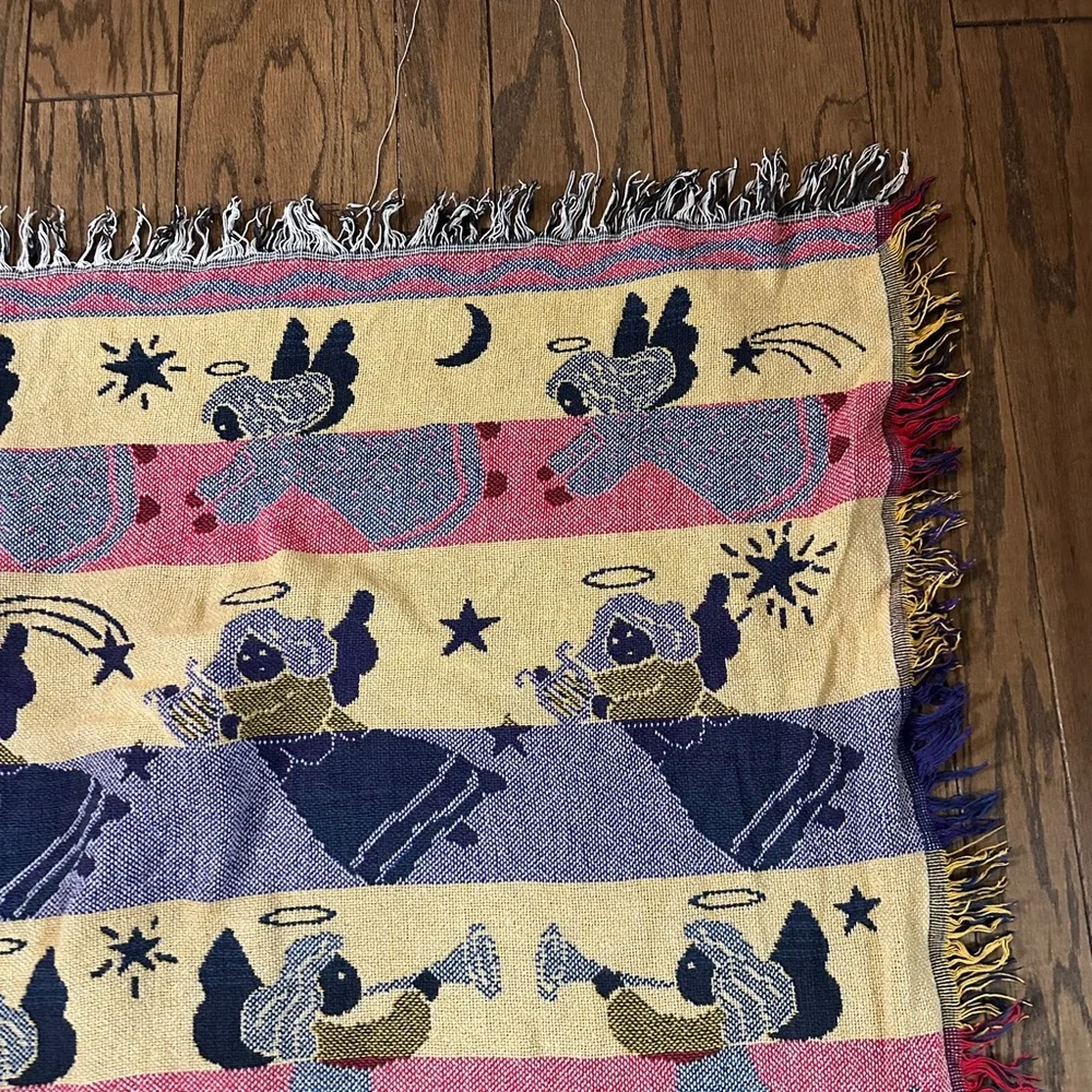 Vintage Angel Tapestry Throw Blanket Christmas Woven Fringe Nativity 44x55”